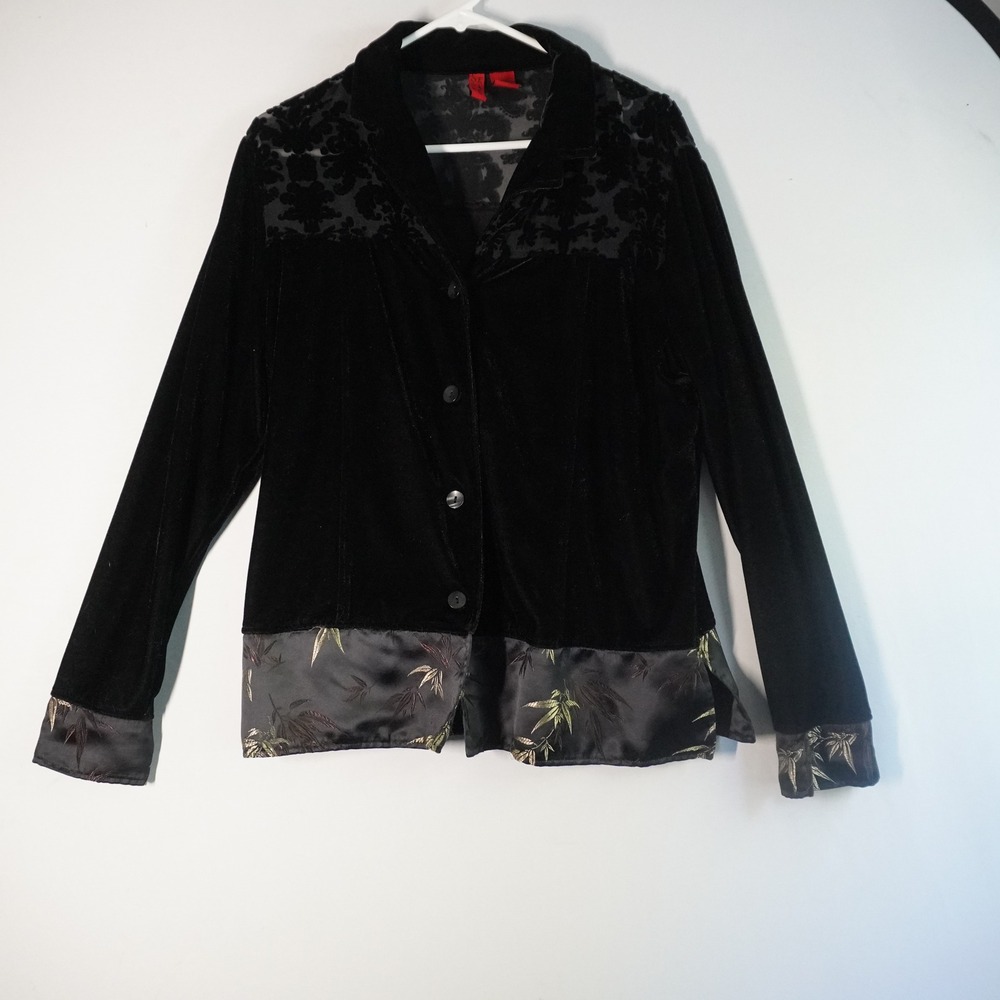 Vtg Velvet Burnout Button Up‎ Blouse Black Floral Trim L Witchy Sheer Whimsigoth